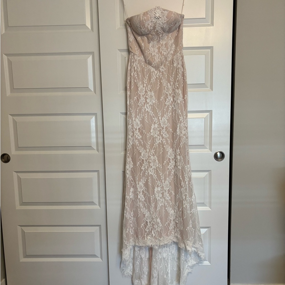 Lulu's Lace Overlay Wedding Dress in Cream and Tan